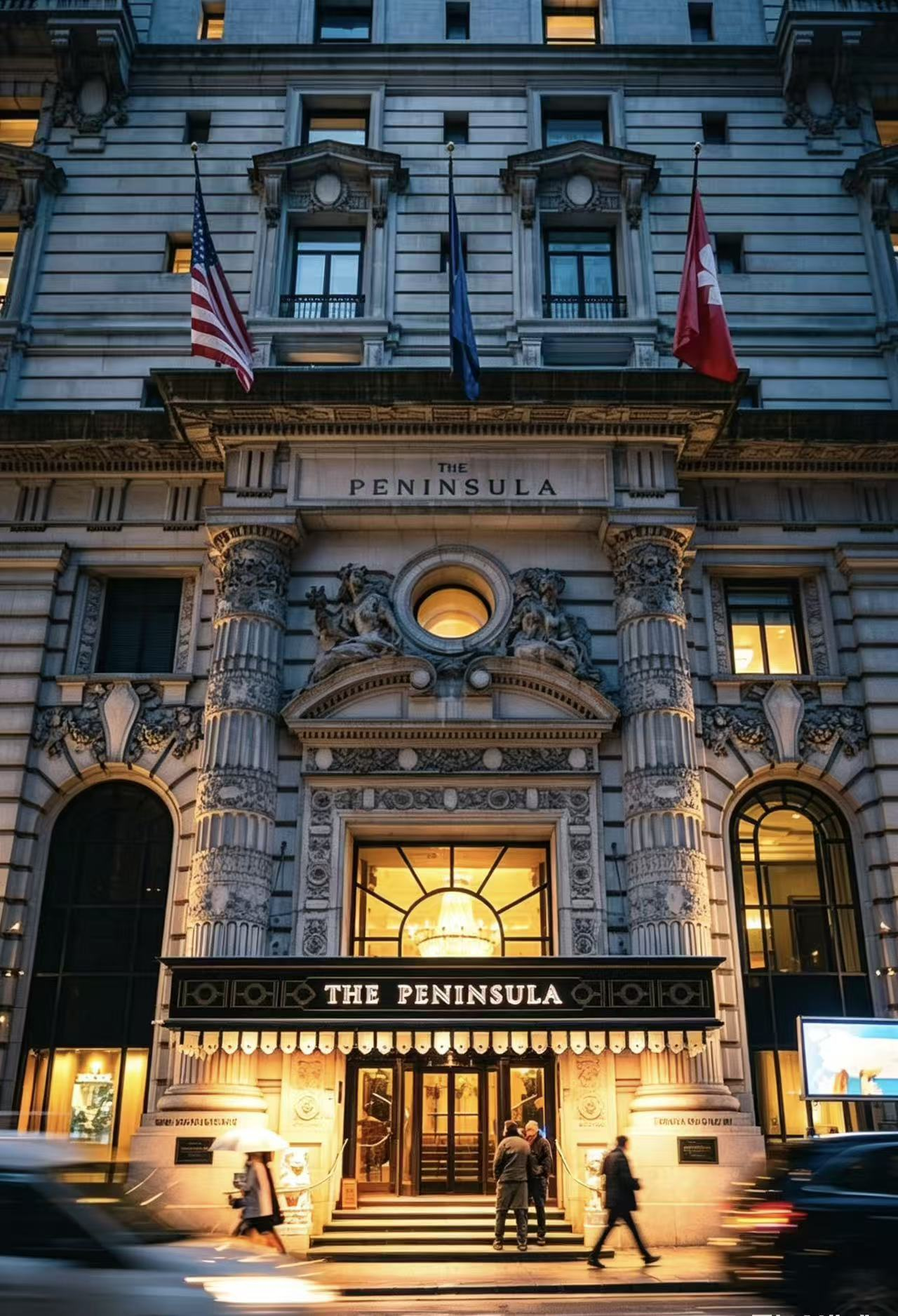 High-resolution project photo showing The Peninsula hotel entrance used in the luxury display context