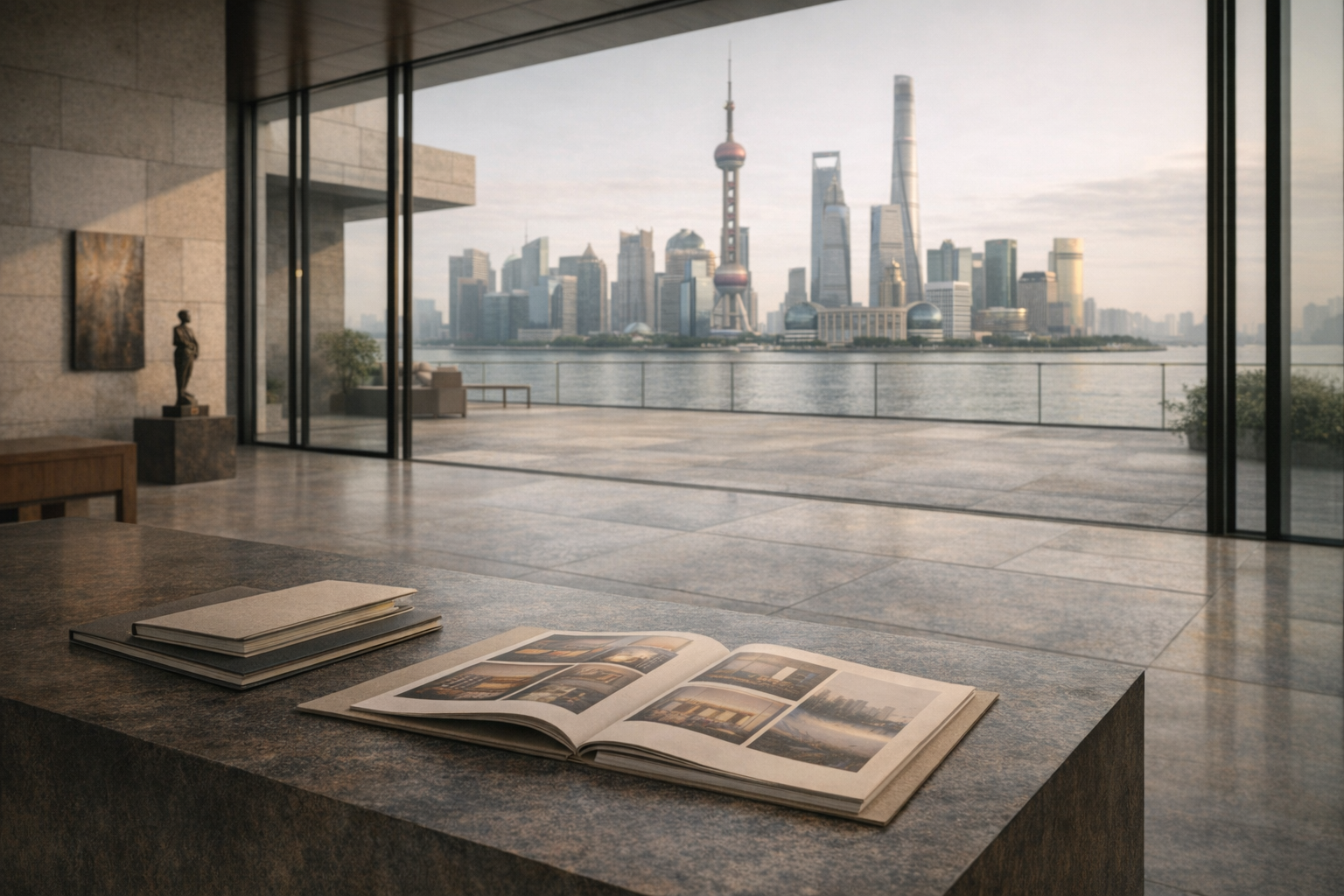 Shanghai cultural venue interior with skyline view and project catalogues