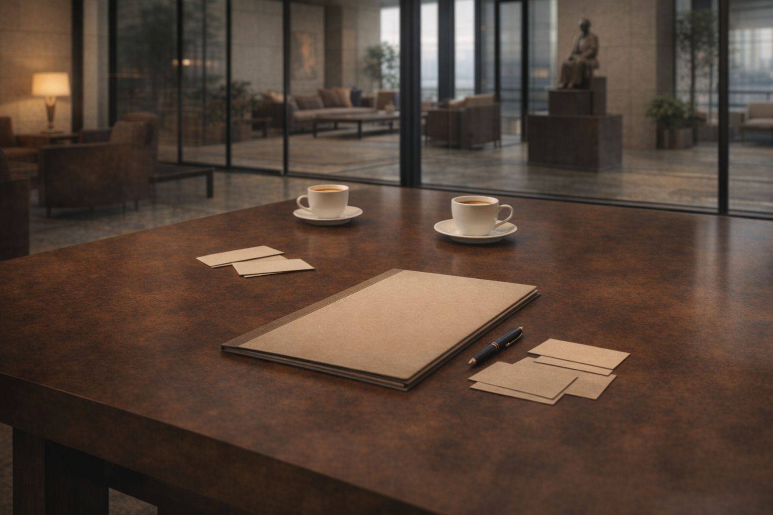 Refined meeting lounge table with coffee and neutral project folder