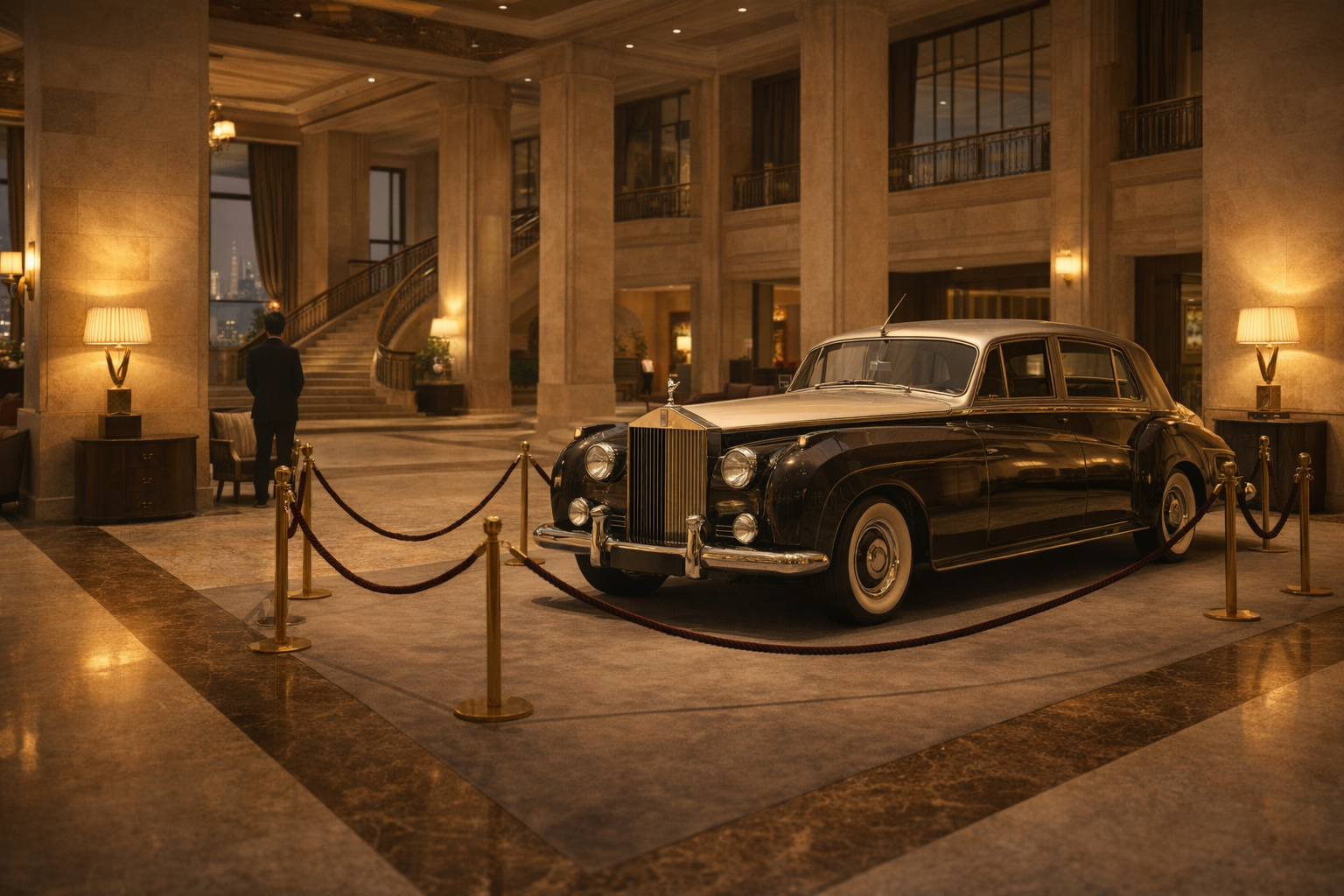 Vintage luxury Rolls-Royce-style car displayed in a grand hotel hall