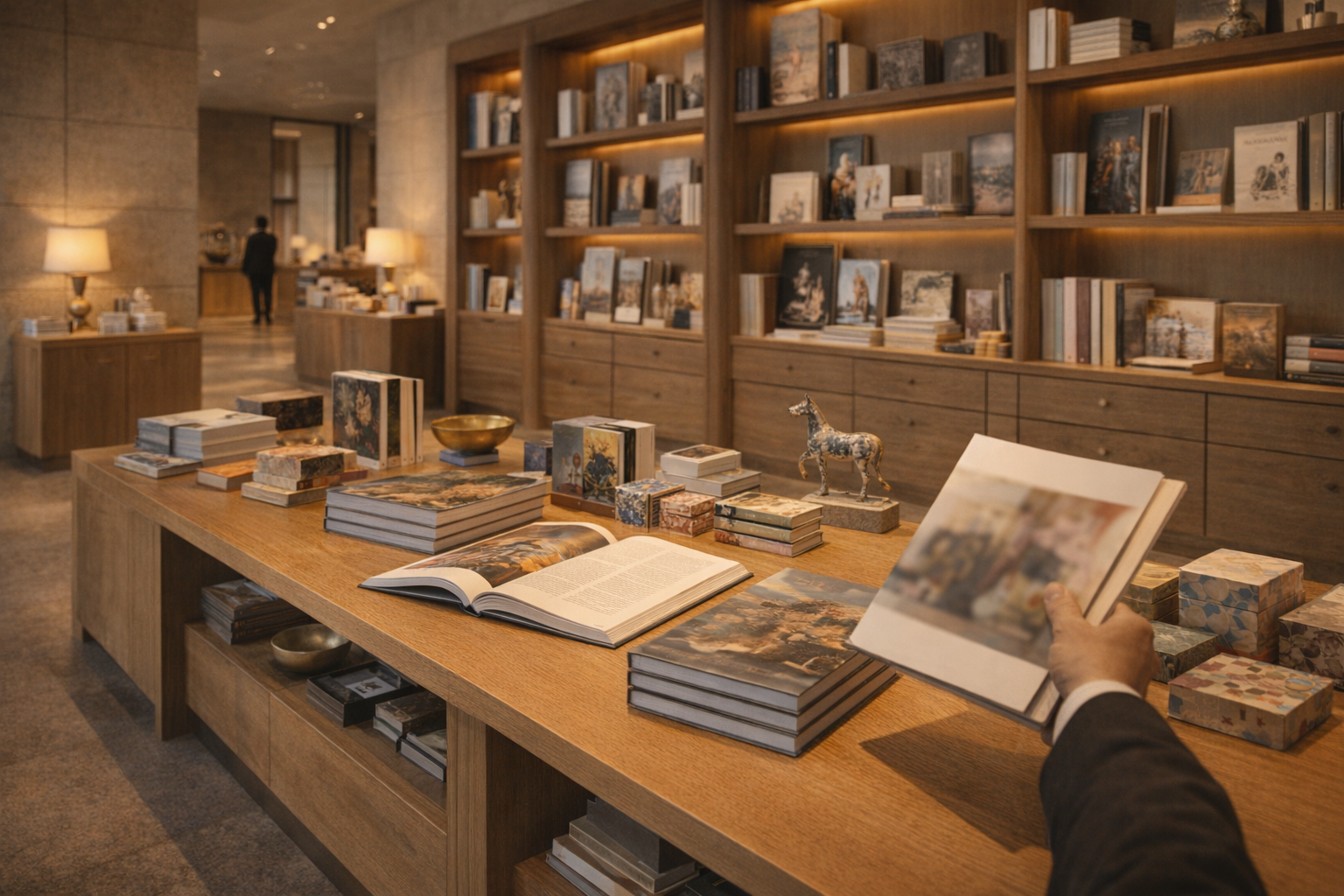 Premium museum retail environment with books, objects, and merchandising details