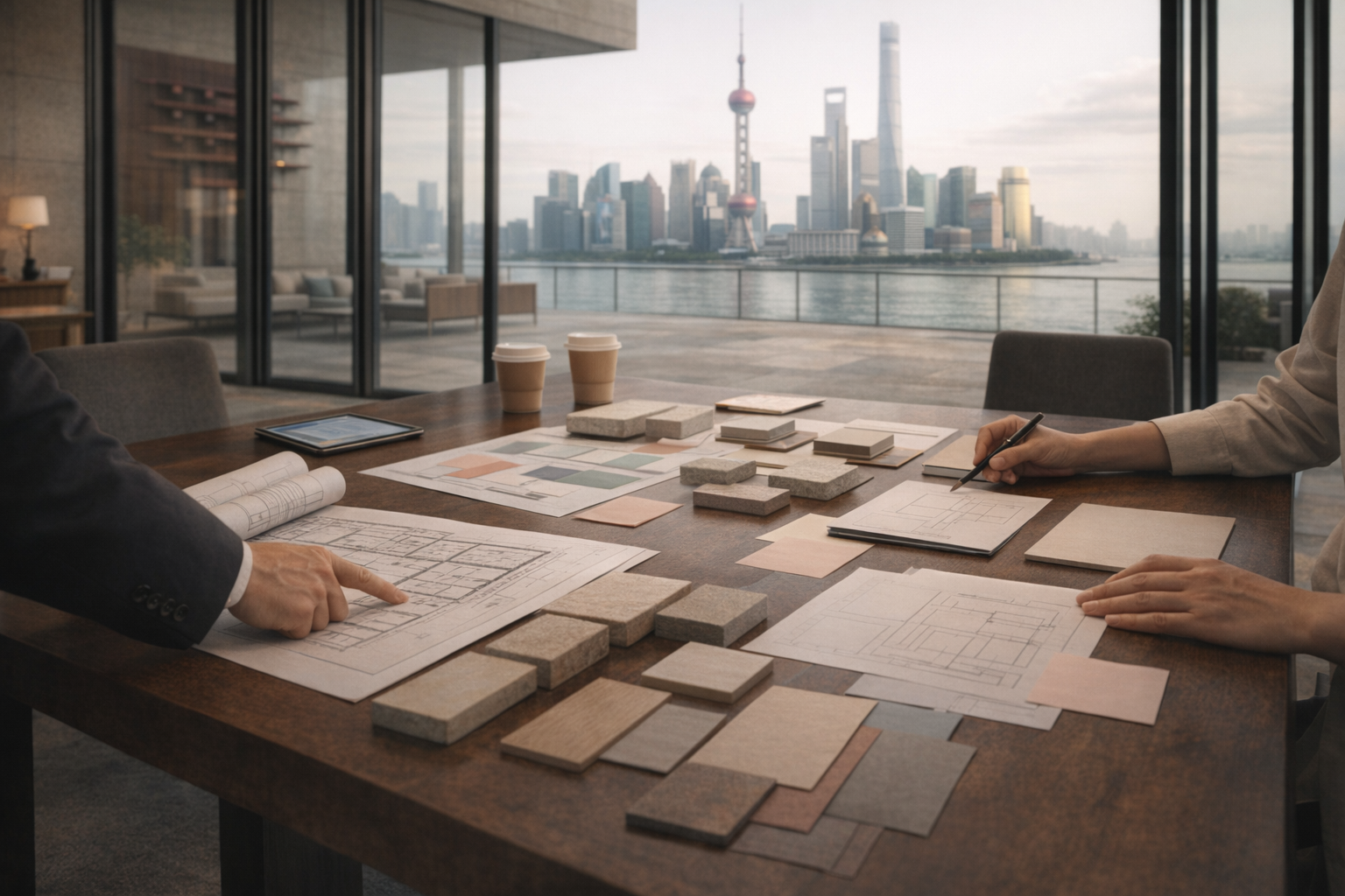 Project planning table with material samples and Shanghai skyline beyond glass