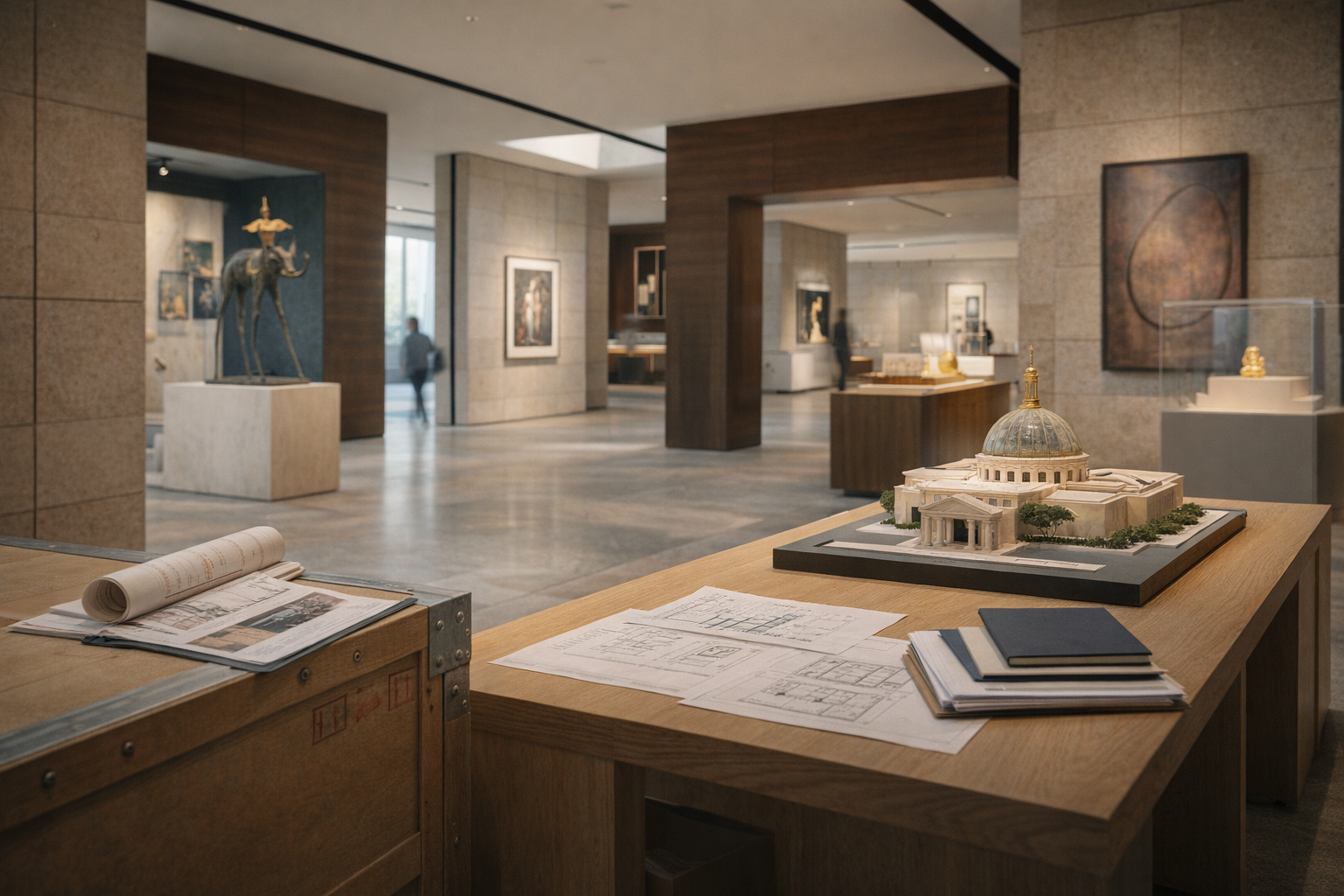 Curated cultural project workspace with architectural model, documents, and gallery setting