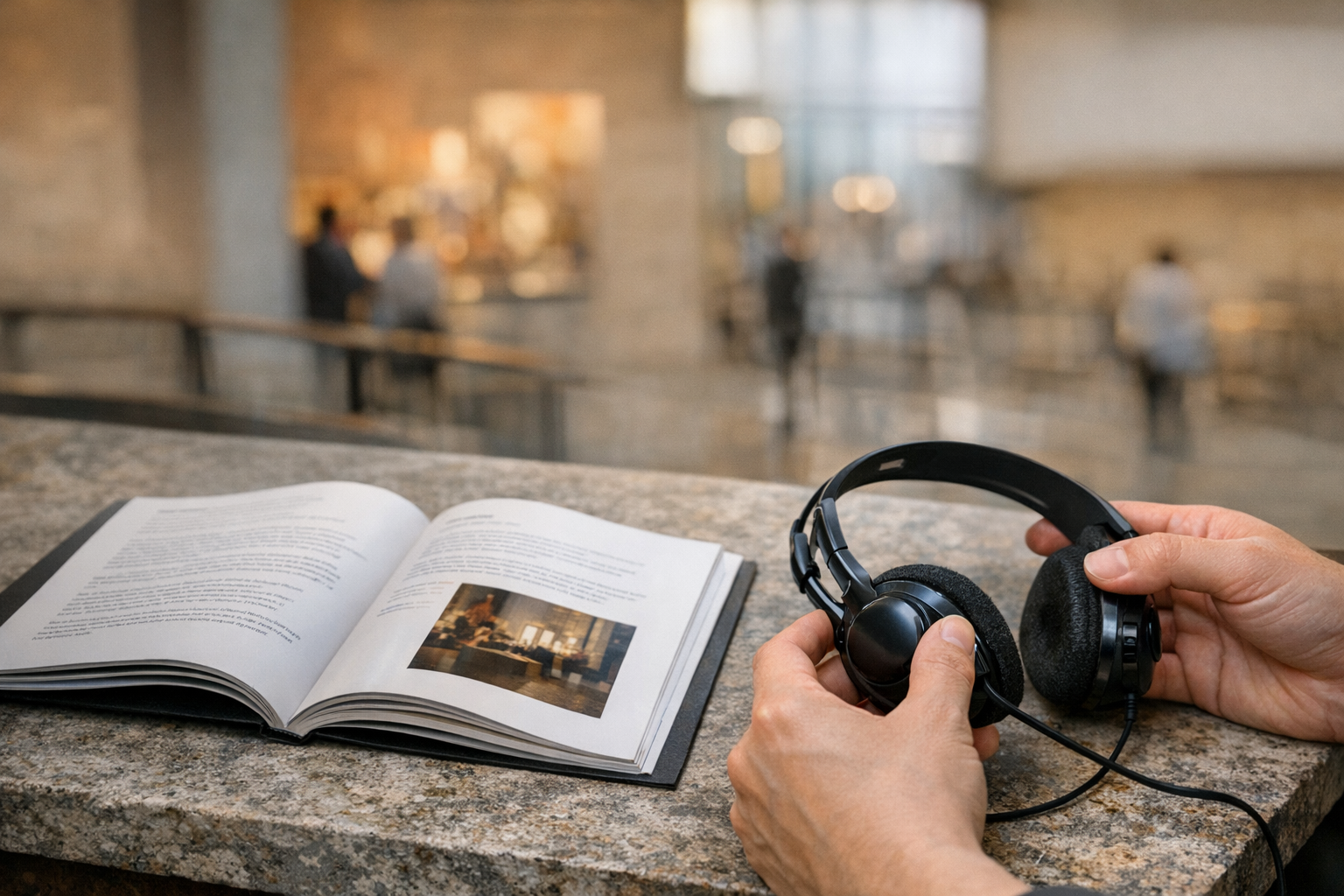 Hands holding interpretation headphones beside an open catalogue in a cultural venue